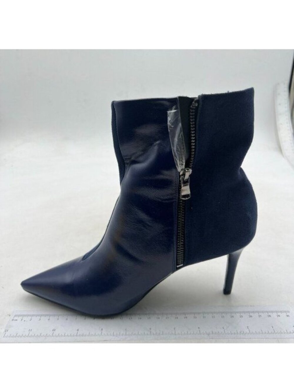 Navy Chic Point Toe High Heel Patchwork Ankle Boots Side Zipper Winter Booties